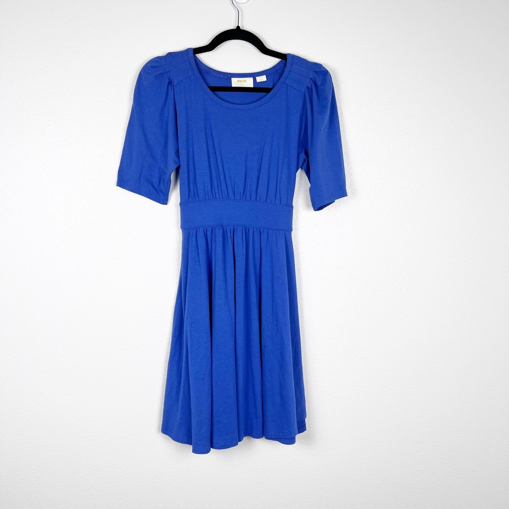 Anthropologie Maeve Blue Tie Back Puff Sleeve A-Line Jersey Knit Dress Petite S